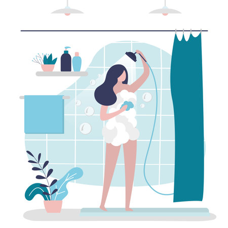 Female character washes in the shower. Design bathroom interior. Everyday hygiene procedure. Woman pours water on herself from shower. Naked girl foaming soap or gel. body care. flat vector illustrationのイラスト素材