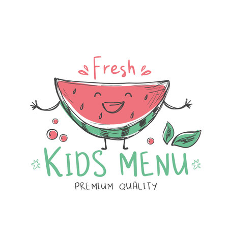 Doodle of happy watermelon slice. Fresh fruit with funny face. Colorful template for kids menu for restaurants and cafes. Premium quality of products. hand drawn layout. vector illustrationのイラスト素材