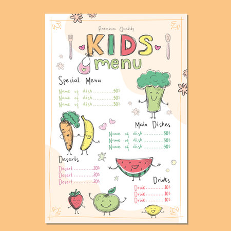 Colorful template for kids menu. Drawn fruits and vegetables with funny faces. Name of dishes and prices. Baby food menu mockup. line art. Doodles of various foods. flat vector illustrationのイラスト素材