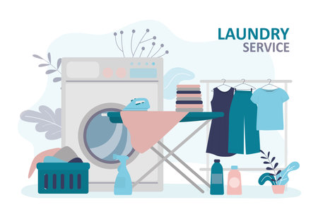 Laundry room with washing machine and ironing board. Hanger with washed and ironed clothes. Basket of dirty textiles. Laundry or cleaning service. Dry cleaning concept. Trendy flat vector illustrationのイラスト素材