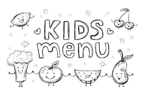 Template for children menu. Hand drawn different cartoon fruits, vegetables. line art. Doodle of various happy food. Kids menu design. Funny meal isolated on white background. flat vector illustrationのイラスト素材