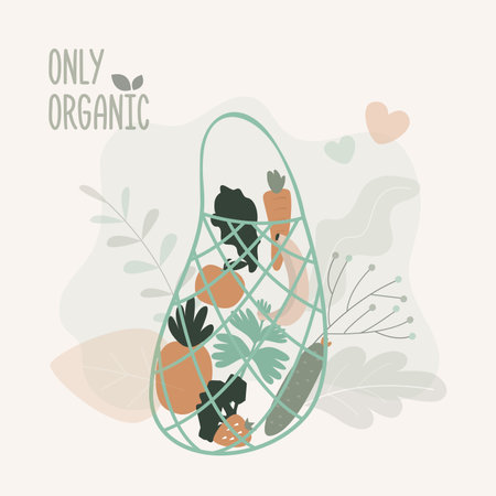 String bag with kit of different vegetables. Shopping reusable grocery net bag. Environmental protection, movement of zero waste. Eco-friendly lifestyle. No plastic, only organic. vector illustrationのイラスト素材