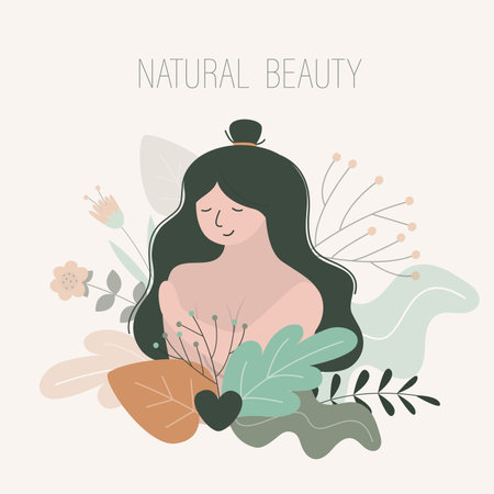 Girl without makeup in leaves and flowers. Portrait of naked woman. Concept of body positive, femininity and natural beauty. love your body. Self-care, wellness. lady close up. flat vector illustrationのイラスト素材
