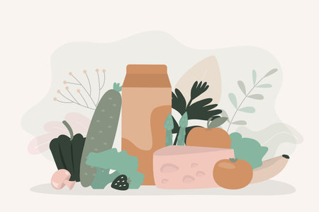 Set of varied organic food. Assorted fresh vegetables and fruits. healthy lifestyle. Different eco products. Assortment of vegan grocery store. organic dairy products. Trendy flat vector illustrationのイラスト素材