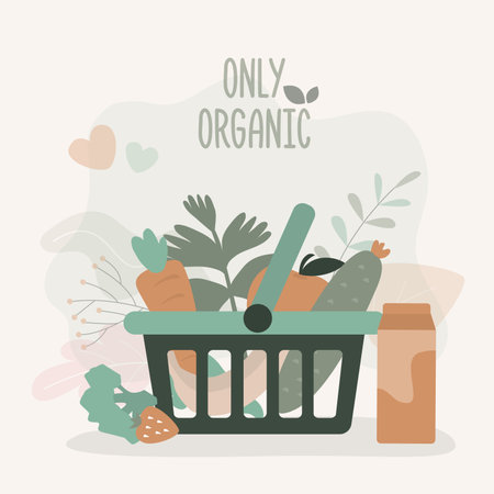 Shopping basket full of assorted organic food. Different eco products. Buy healthy food from groceries. Shop with variety of vegan products. Basket full of fruits and vegetables. vector illustrationのイラスト素材