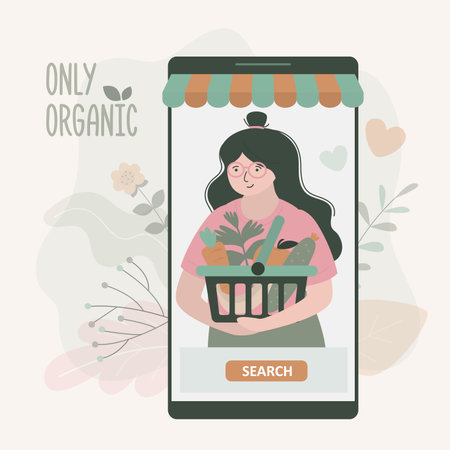 Mobile application for buying organic products. Girl with set of organic food in basket. Online store with healthy vegan food on smartphone screen. Order in grocery application. vector illustrationのイラスト素材