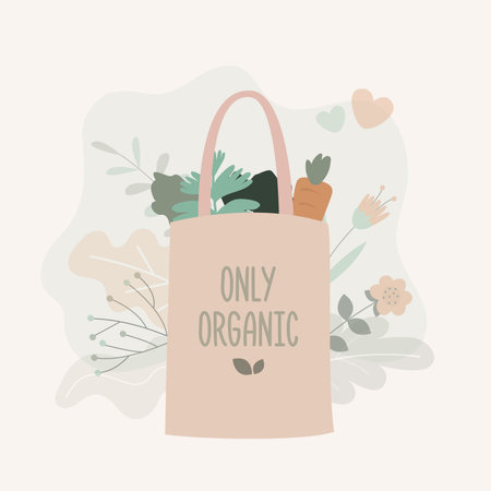 Cotton bag with kit of different vegetables. Shopping reusable grocery cloth bag. Environmental protection, movement of zero waste. Eco-friendly lifestyle. no plastic. Trendy flat vector illustrationのイラスト素材