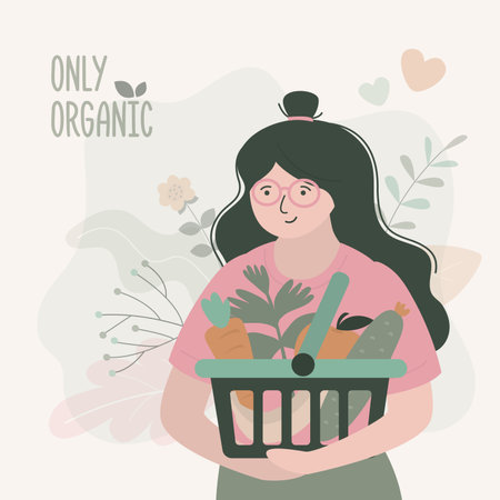 Girl buys fresh vegetables and fruits in grocery. Woman holding basket with set of organic food. healthy lifestyle. Female character buys various eco products. Shop with vegan meal. vector illustrationのイラスト素材