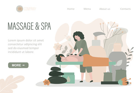 Massage and spa landing page template. Masseur doing relaxing procedure to client, hot stone massage to girl. Spa center service. Bottles with oil, cream. Massage therapy, wellness treatments. vectorのイラスト素材