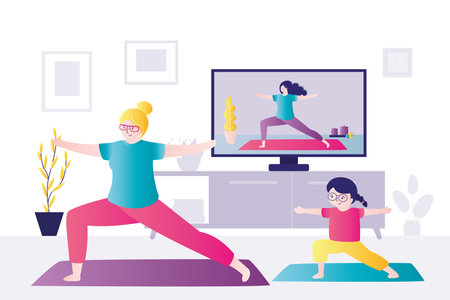 Mom and daughter stand in warrior pose. Woman and kid practice yoga together with trainer. remote sports activities. Family leads a healthy lifestyle. Online courses on stretching. vector illustrationのイラスト素材