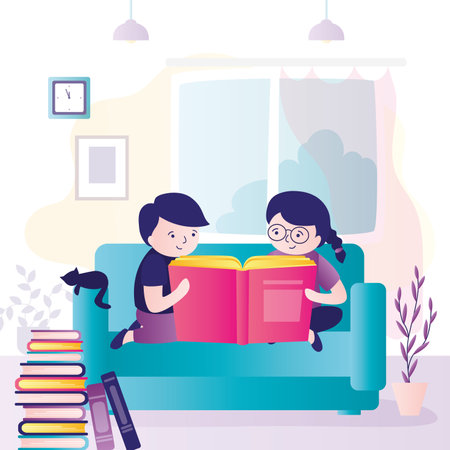 Kids sitting on sofa and reading interesting book. Schoolboy and schoolgirl explore storybook. Stack of various children books, textbooks. Studying, literature concept. Room interior. vector illustrationのイラスト素材