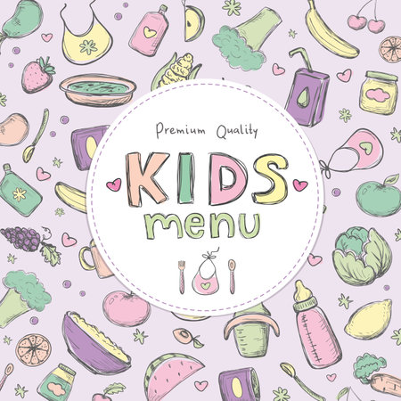 Collection of varied colorful baby food. Hand drawn organic food for kids. fresh vegetables and fruits. Doodle of kids nutrition on white background. Jars and bottles with meal. vector illustrationのイラスト素材
