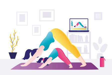 Mom and daughter stand in yoga pose, downward facing dog. Woman and kid practice yoga together. remote sports activities. Family leads a healthy lifestyle. Online course on laptop. vector illustrationのイラスト素材