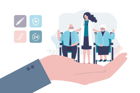 Insurance and healthcare concept background. Big hands of businessman holds tiny old people with care. Medical or financial assurance banner template. Elderly couple. trendy vector illustrationのイラスト素材