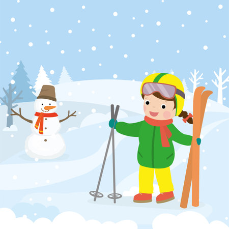 Cartoon girl kid holding skis in hands. Happy child enjoying winter vacation. Ski equipment. Cute sport teen character outdoors. Mountain view, funny snowman and snowfall. flat vector illustrationのイラスト素材