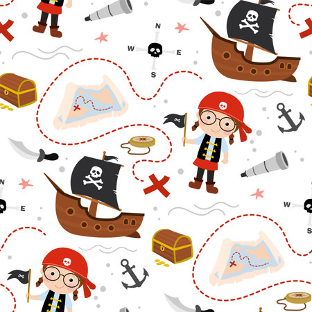Seamless pattern with cute kid girl pirate. cartoon child holding flag. Treasure hunt texture background. Different pirate elements. Preschooler in corsair costume. flat vector illustrationのイラスト素材