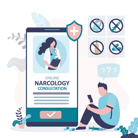 Man suffering from drug addiction asks for help at drug treatment center. App for signing up for online consultation with narcologist. Online clinic helps people with addictions. vector illustrationのイラスト素材