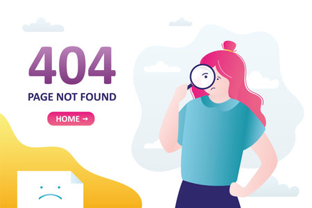 404 error, page not found, landing page template. Unhappy female user looking for page with magnifying glass. Disconnection, connect problem, error page. flat vector illustrationのイラスト素材