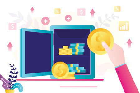 Profitable bank deposit. Increase your capital. Businessman hand puts money in the open steel strongbox. money management. banking service concept. flat vector illustrationのイラスト素材