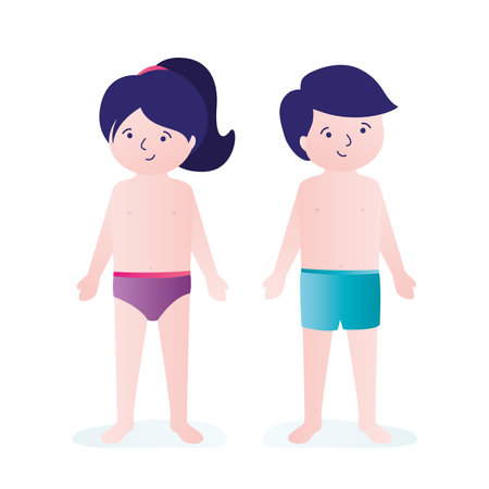 parts of body. Naked female and male character. Little boy and girl isolated on white background. Education infographic template. Cute children in underwear. happy teens. flat vector illustrationのイラスト素材
