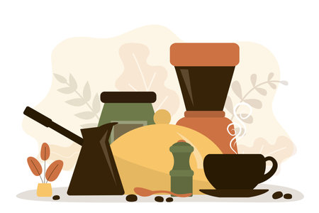 Different tools for making cappuccino. Coffee machine, french press, grinder, moka. Coffee shop or restaurant. Set of equipment for making americano or latte. Cup of hot drink. vector illustrationのイラスト素材