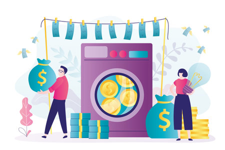 Woman comes up with plans for money laundering. ?riminal takes profits after leaving the shadow economy. Business people hide true source of income. financial crime concept. flat vector illustrationのイラスト素材