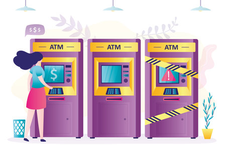 Woman withdrawals or deposits cash to credit card in terminal. Defective ATM covered with yellow warning tape. Concept of banking services, financial transactions. Broken ATM. vector illustrationのイラスト素材