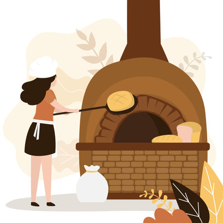 Woman holding freshly loaf bread on spatula. Chef baked goods in traditional oven. Baker prepares various types of bread. Assortment bakeshop. girl working in bakery. flat vector illustrationのイラスト素材