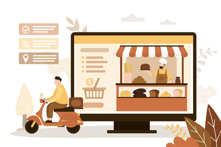 Man delivering baked goods on moped. Deliveryman takes order from bakery. Website bakeshop on computer screen. Various assortment of pastries in online store. Buying bread. flat vector illustrationのイラスト素材