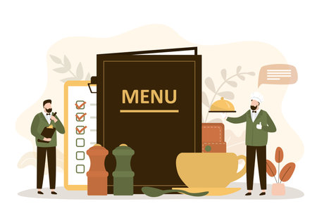 Chef gives order dish to waiter. The staff serves the guests of the cafe. Restaurant business concept. Menu book and cup with drink. Male character takes order from client. Trendy flat vector illustrationのイラスト素材