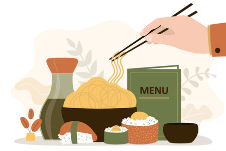 Person eats egg noodles using chopsticks. Sushi with various fillings. Man enjoying delicious asian food. Chinese or Japanese traditional cuisine. Menu with different dishes. vector illustrationのイラスト素材