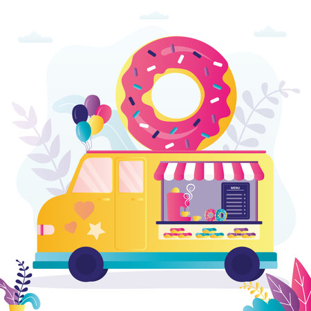 Donut food truck. Street fast food van minibus, meals on wheels. Small business concept. Truck with fresh donuts and drinks. flat vector illustrationのイラスト素材