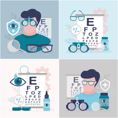 Set on ophthalmology and optics. Collection on vision testing. Ophthalmic eye test equipment. Patient with ophthalmologist chooses glasses. Eyesight diagnostics, eye examination. vector illustrationのイラスト素材