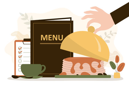 Waiter serving customers. Staff gives ordered pancakes and hot drink to visitor. Delicious breakfast in cafe. Restaurant business concept. Menu book with various morning dishes. vector illustrationのイラスト素材