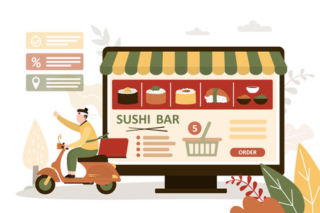 Worker delivers order from Asian restaurant on scooter. Deliveryman bringing Japanese food to customer. Cafe app on screen. Online service for ordering dishes. fast delivery. flat vector illustrationのイラスト素材