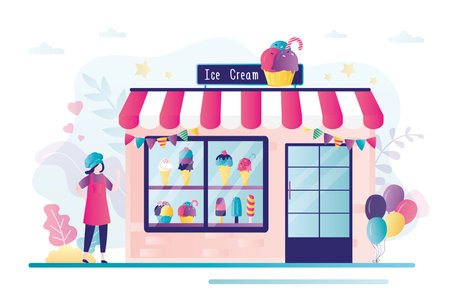 Businesswoman sells gelato and ice cream. Shop facade with ice cream. Various types of frozen dessert on kiosk showcase. Front view of local store. Small business concept. Flat vector illustrationのイラスト素材