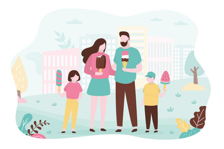 Parents bought children ice cream on walk. Family enjoying summer frozen desserts in park. Little girl eating delicious ice cream on stick. Dad eats gelato in waffle cone. Flat vector illustrationのイラスト素材