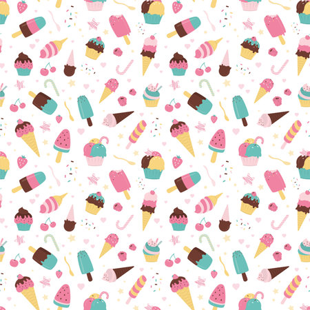 Seamless pattern with different types of ice cream. Cold dessert, textile decoration. Background template, colorful texture with sweet frozen dairy food. Flat vector illustrationのイラスト素材