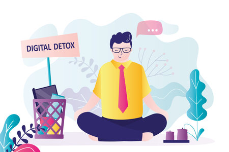 Digital detox. Happy male employee relaxes in lotus pose. All gadgets thrown in trash can. Refusal of digital devices. Relax without social media. No internet addiction. Gadgets switch off. Vectorのイラスト素材