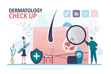 Doctor with magnifying glass examines problem area of patient's skin. Medical team doing dermatological check. Dermatology concept. Doctors choose the right treatment for disease. Flat vector illustrationのイラスト素材