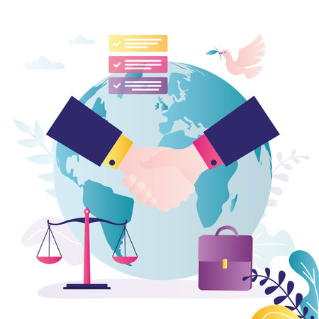 Two political leaders successfully completed negotiations. Diplomats made conclusions. Economic agreement between states. Politicians shake hands after discussing deals. Flat vector illustrationのイラスト素材