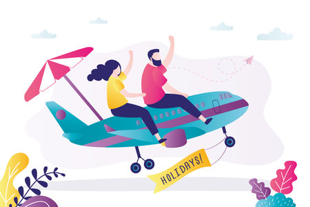 Couple flying on holidays on airplane. Man and girl go on long-awaited vacation by plane. Promotion banner. People take off astride aircraft. Time to travel. Flight to warm country.Vector illustrationのイラスト素材