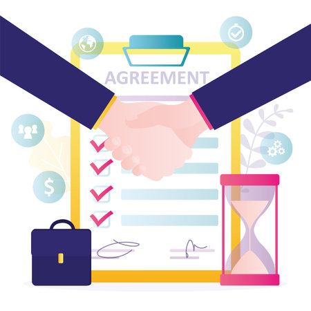 Contract with signatures. Successful business negotiations. Entrepreneurs shake hands in agreement. Representatives from companies at business meeting. Partners handshake. Flat vector illustrationのイラスト素材