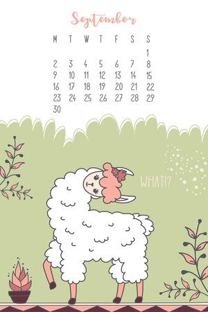 Calendar for September 2024, week from Monday to Sunday. Cute llama. Alpaca cartoon character. Funny animal in scandinavian style. Vector illustrationのイラスト素材