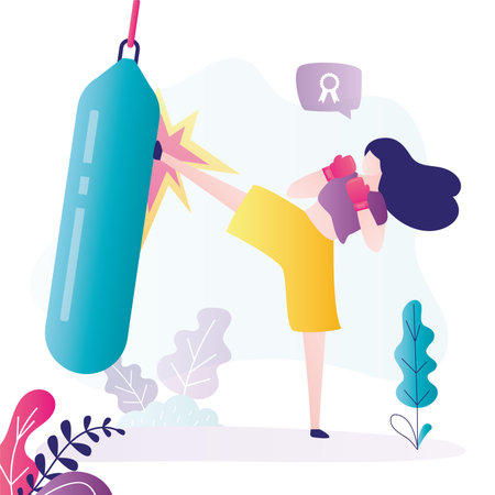 Female character practicing punches on punching bag. Athletic woman practicing kicks before fight. Sporty girl engaged in physical activity. Sportswoman motivated to win. Flat vector illustrationのイラスト素材