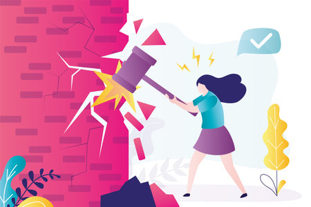 Tensioned girl with hammer breaks brick wall. Businesswoman overcomes financial obstacles. Worker solves business problems. Concept of achievement of set goals and leadership. Flat vector illustrationのイラスト素材
