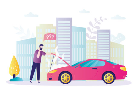 Male character opens hood to check engine. Driver had problems with motor of car while driving. Traffic accident. Sad man inspecting broken automobile. Emergency situation. Flat vector illustrationのイラスト素材