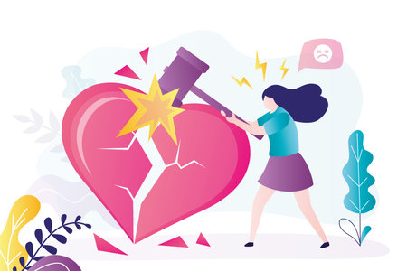 Frustrated girlfriend breaks heart with hammer. Relationship problems. Woman wants divorce because of constant quarrels and conflicts. Girl breaks up with boyfriend because of betrayal. Flat vectorのイラスト素材