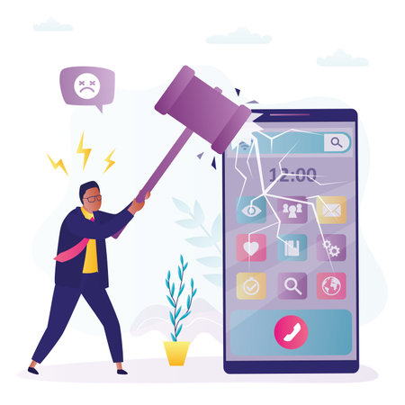 African American man with hammer breaks mobile phone to get rid of addiction. Male character refusing internet. Digital detox. Unhappy user suffering from online addiction. Flat vector illustrationのイラスト素材