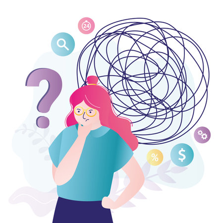 All businesswoman thoughts are confused. Confused female character thinking how to solve financial problems. Brainstorming and doubt concept. Finding a solution to overcoming business obstacles. Vectorのイラスト素材